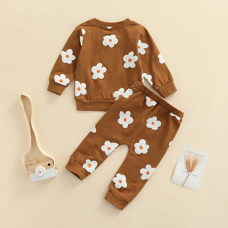 Lioraitiin 0-4Years Toddler Baby Girl 2Pcs Autumn Clothing Set Long Sleeve O-neck Floral Printed Top Long Pants Casual Outfit