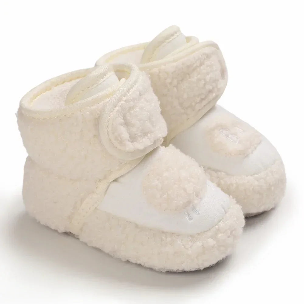 2023 Autumn Winter Baby Boots, Infant Girls Boys Warm Fashion Solid Shoes with Fuzzy Balls First Walkers Kid Shoes 0-18M