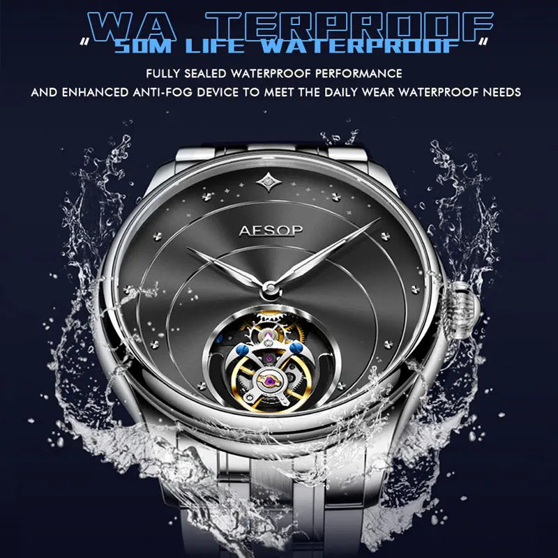 AESOP Flying Tourbillon Skeleton Watches for Men Hollow Sapphire Waterproof Natural Diamonds Mechanical Wristwatches Male Clocks