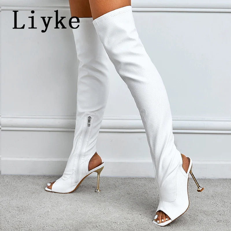 Liyke White Leather Thigh High Over The Knee Boots Sexy Open Toe Stripper Heels Booties Fashion Zip Motorcycle Shoes Women Pumps