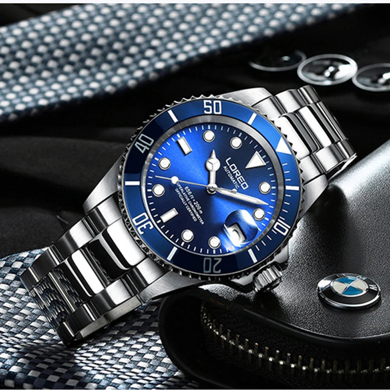 LOREO Automatic Sport Watch Men Date Luminous Seagull Mechanical Watches For Men Diving 200m Men Watch Waterproof reloj hombre