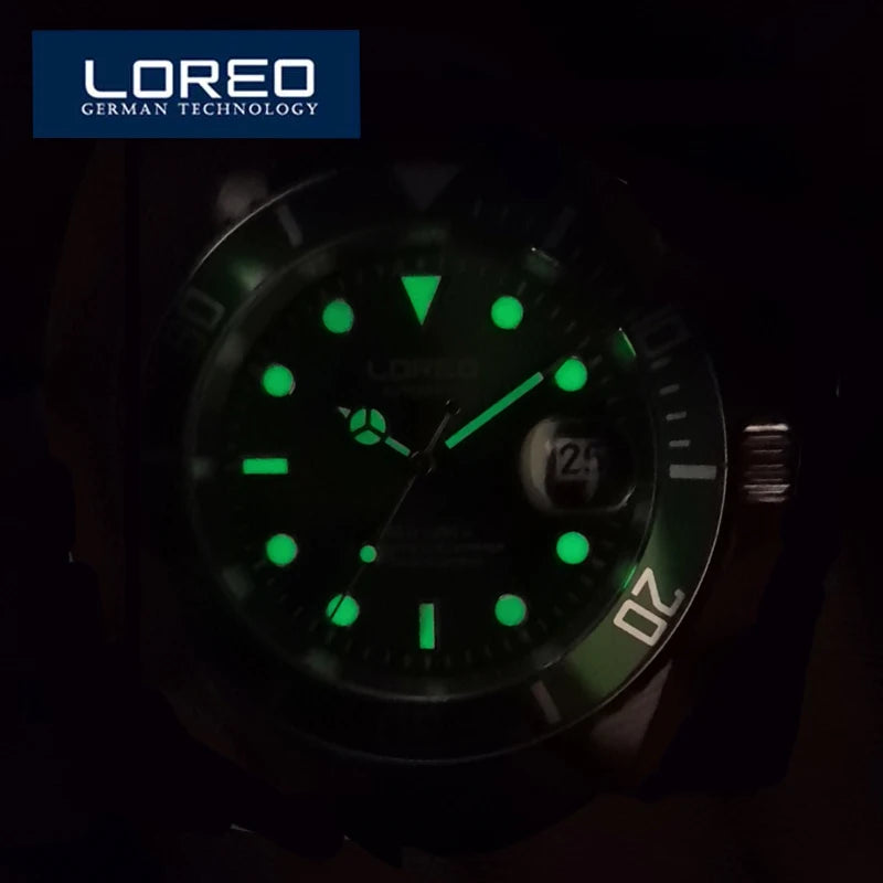 LOREO Automatic Sport Watch Men Date Luminous Seagull Mechanical Watches For Men Diving 200m Men Watch Waterproof reloj hombre